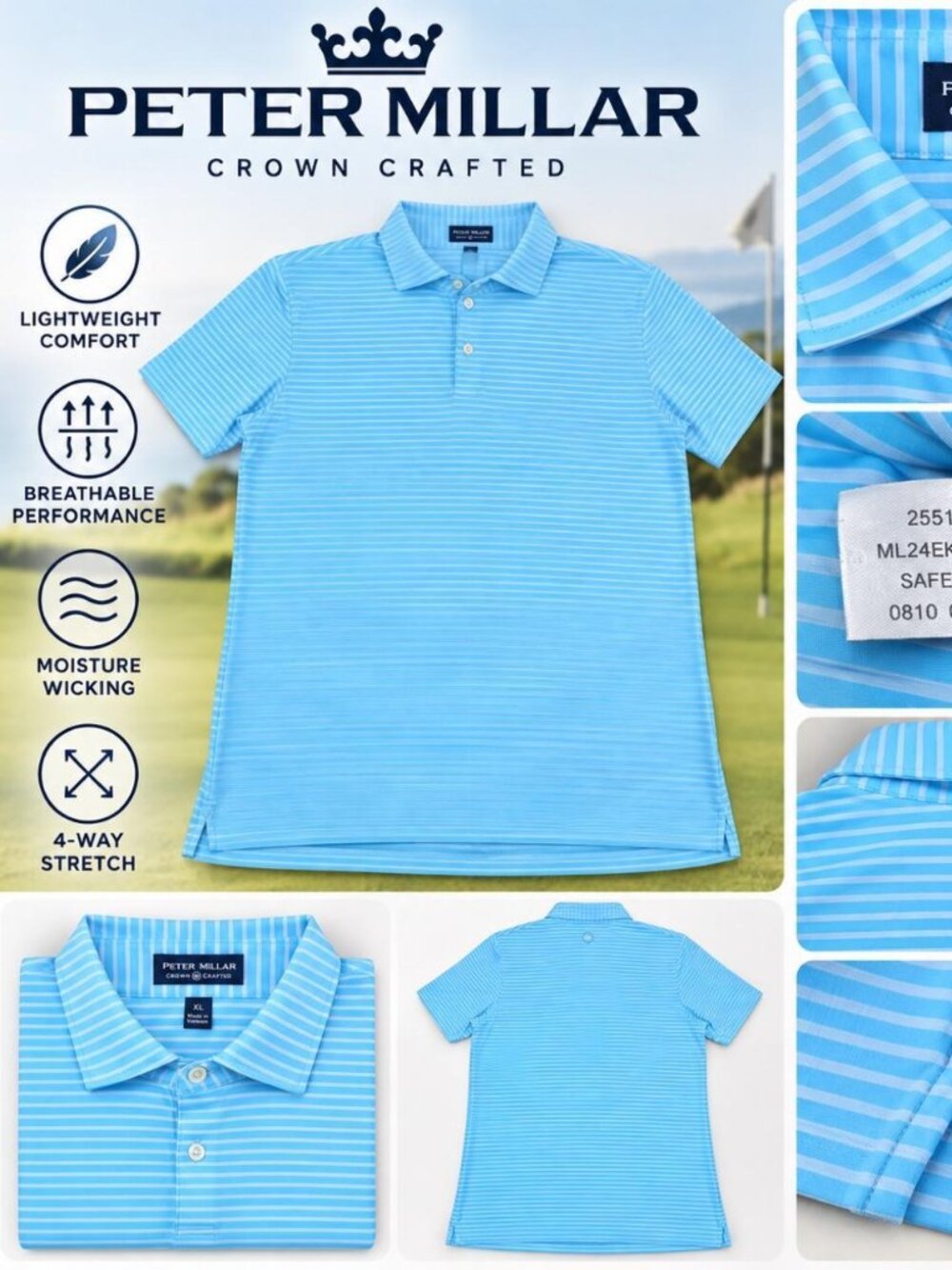 Peter Millar Crown Crafted Polo Men XL Blue Stripe Performance Golf